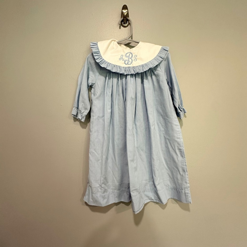 Daisies Doodlebugs Baby Blue Gingham‎ Dress Ruffle Collar Monogrammed 24 Month